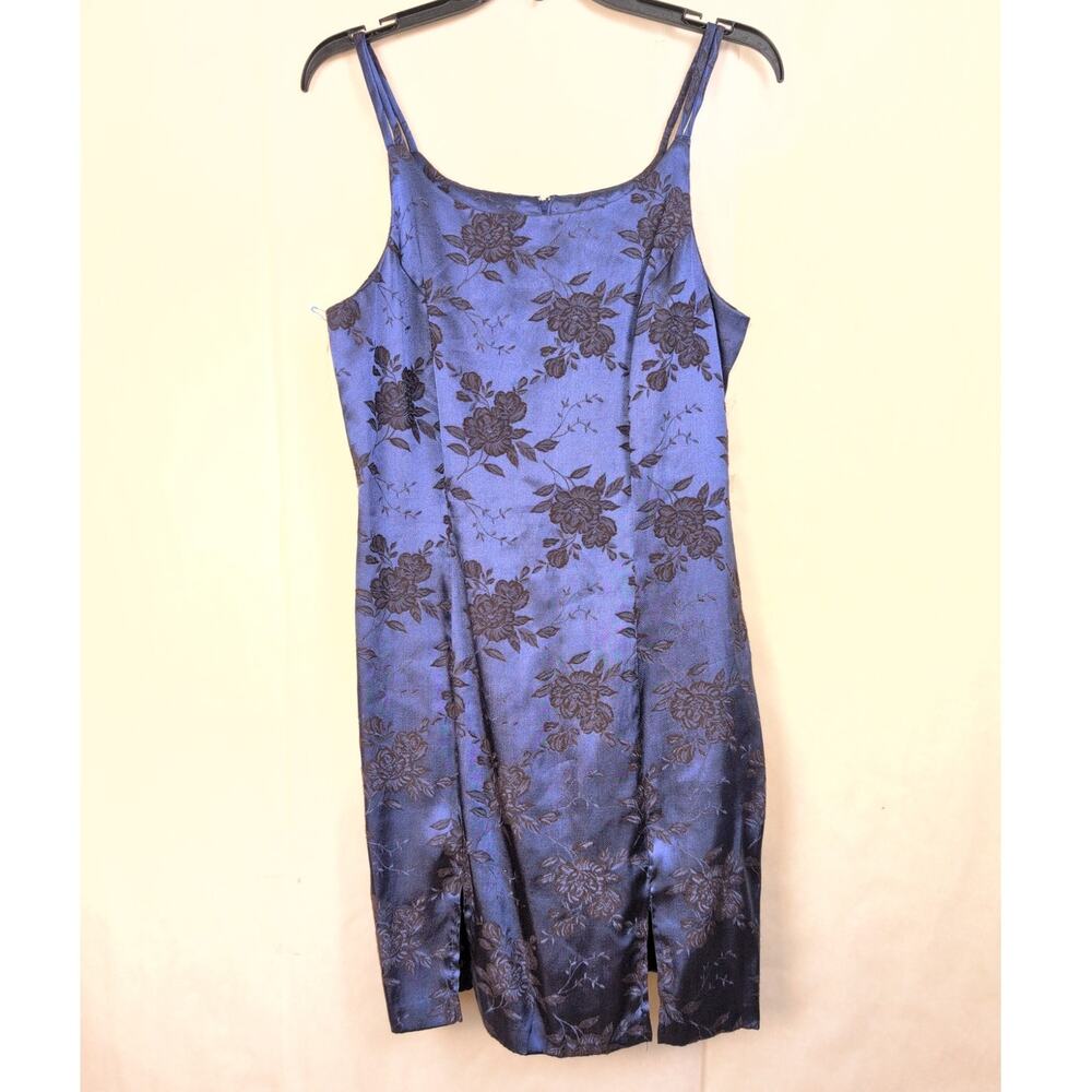 Jodi Michaels blue dark floral satin brocade dress Size M Whimsigoth Y2K Vamp